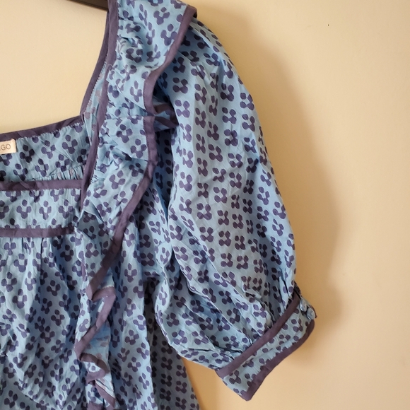 Ophelia & Indigo Cotton Peasant Blouse Block Print Boho Size Small Blue - Picture 6 of 9